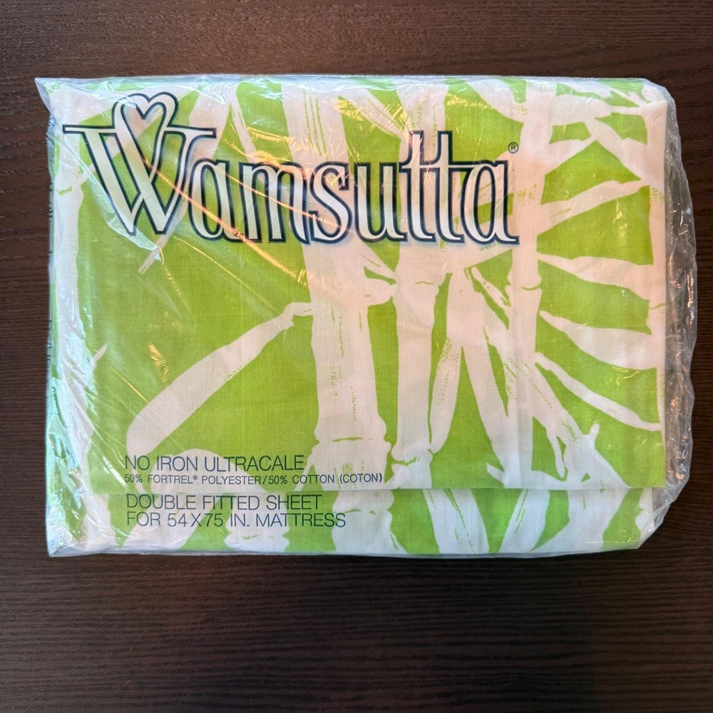 Wamsutta Vintage Bamboo Double Fitted Sheet Lime Green White Tropical 54x75 New